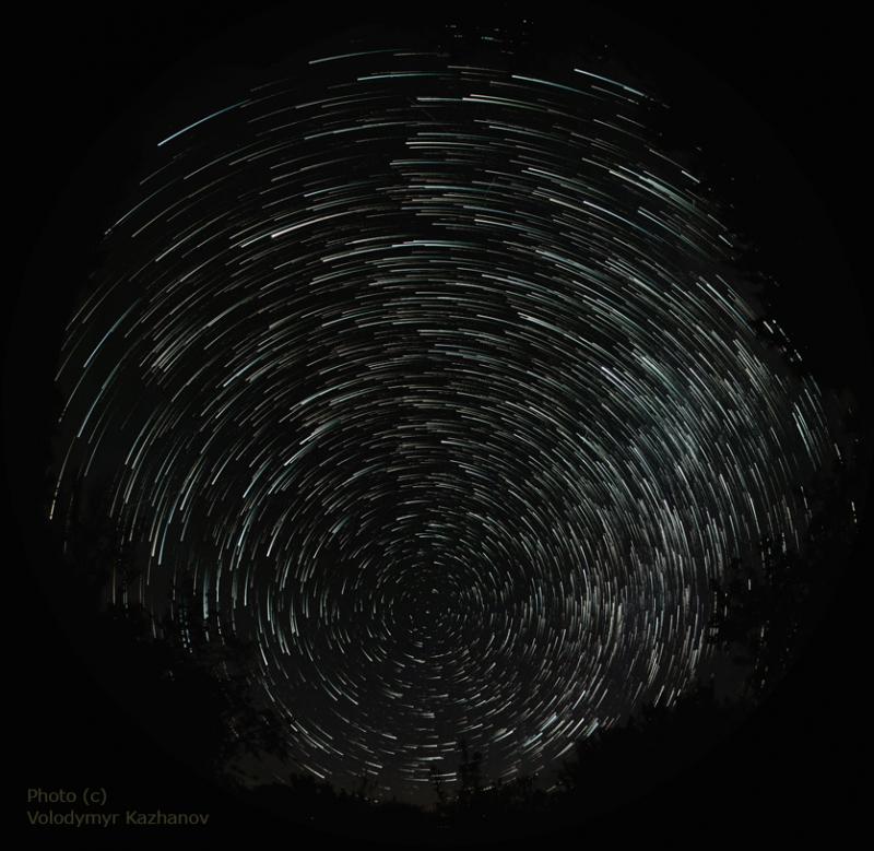 Зоряні шляхи в небі. Циркулярне ширококутне фото нічного зоряного неба